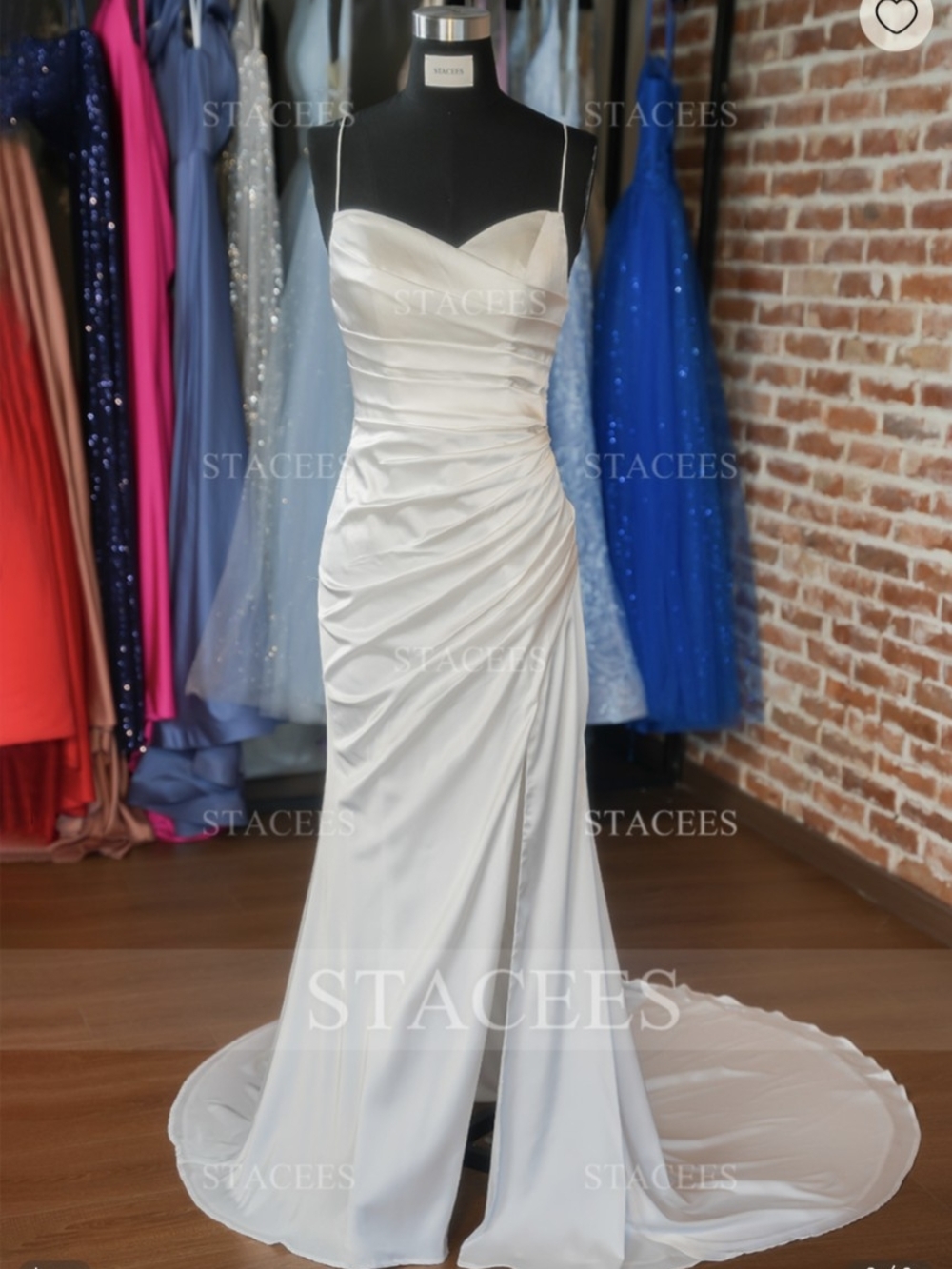 Stacees White Satin Spaghetti-Strap Evening Gown